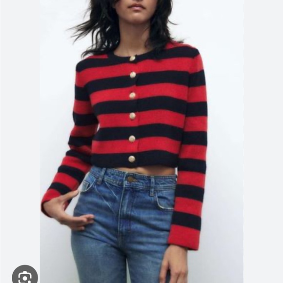 ZARA NWT STRIPED KNIT CARDIGAN RED / NAVY - Picture 3 of 10